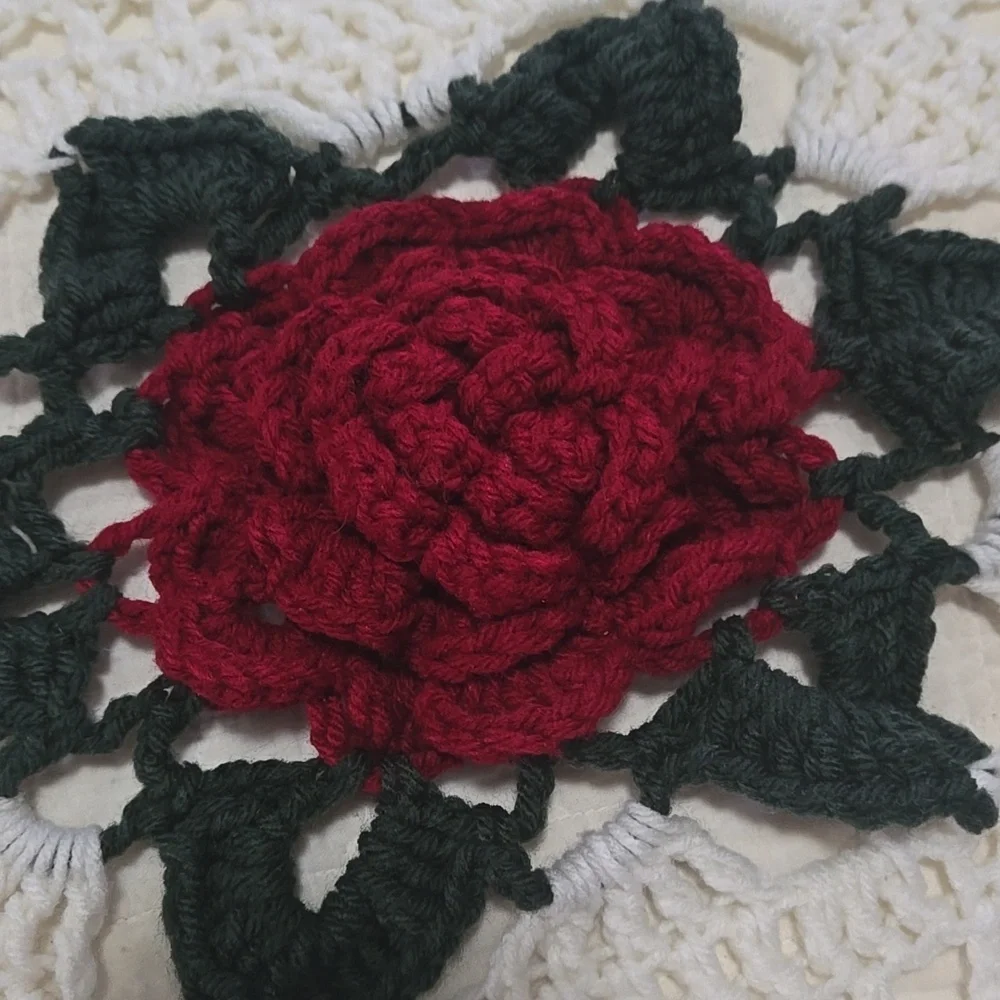 Crochet Blanket Vintage Victorian Rose Pattern Deep Red Green White Cottagecore
